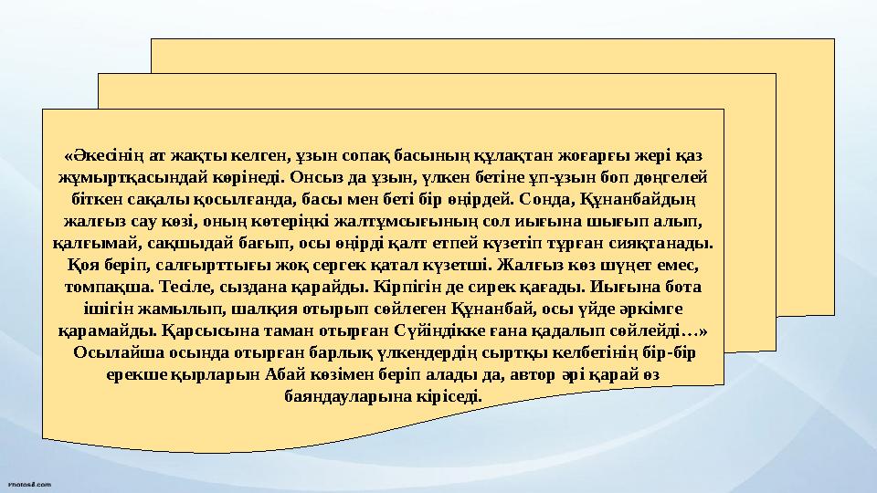 «Әкесінің ат жақты келген, ұзын сопақ басының құлақтан жоғарғы жері қаз жұмыртқасындай көрінеді. Онсыз да ұзын, үлкен бетіне ұп