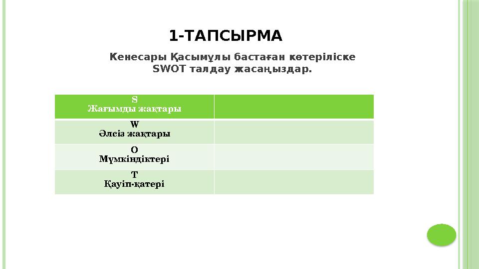 1-ТАПСЫРМА Кенесары Қасымұлы бастаған көтеріліске SWOT талдау жасаңыздар. S Жағымды жақтары W Әлсіз жақтары O Мүмкіндіктері T