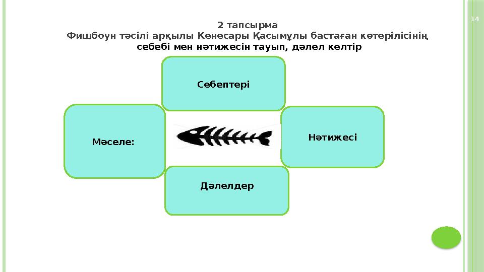 14 ( Себептері Мәселе: Нәтижесі Дәлелдер 2 тапсырма Фишбоун тәсілі арқылы Кенесары Қасымұлы бастаған көтерілісінің се