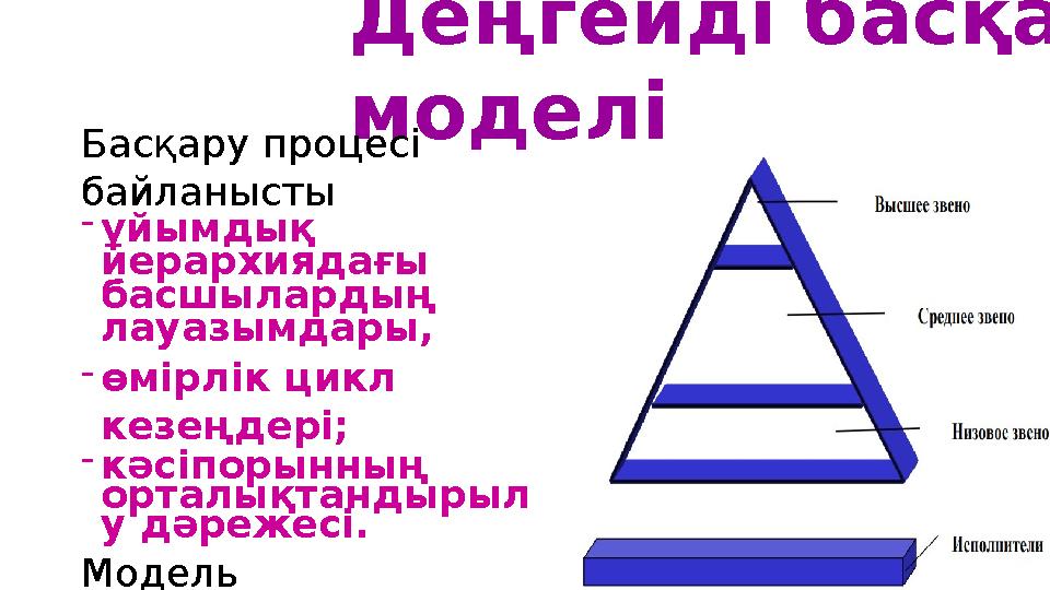 Деңгейді басқару моделі Басқару процесі байланысты - ұйымдық иерархиядағы басшылардың лауазымдары, - өмірлік цикл