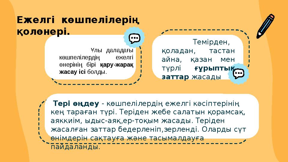 Тері өңдеу - көшпелілердің ежелгі кәсіптерінің кең тараған түрі. Теріден жебе салатын қорамсақ, аяккиім, ыдыс-аяқ,ер-тоқым