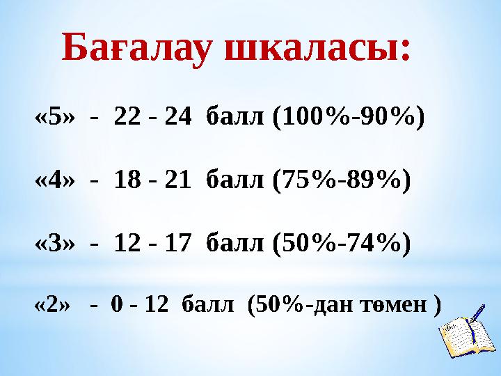 «5» - 22 - 24 балл (100%-90%) «4» - 18 - 21 балл (75%-89%) «3» - 12 - 17 балл (50%-74%) «2» - 0 - 12