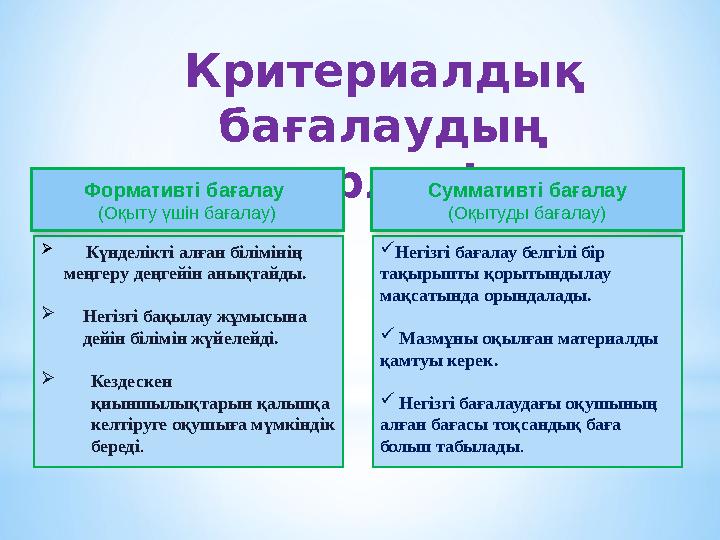 Критериалдық бағалаудың түрлері  Негізгі бағалау белгілі бір тақырыпты қорытындылау мақсатында орындалады.  Мазмұны оқ