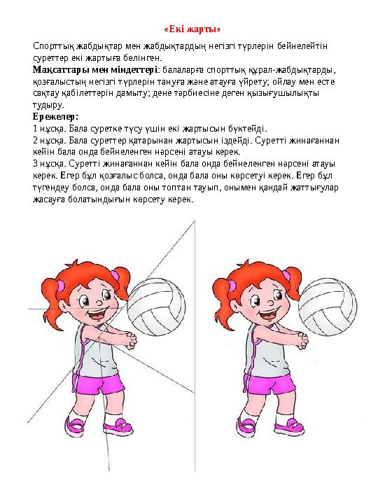« Екі жарты » Спорттық жабдықтар мен жабдықтардың негізгі түрлерін бейнелейтін суреттер екі жартыға бөлінген. Мақсаттары мен мі