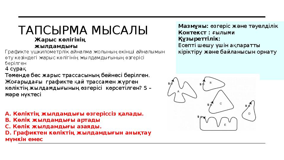 ТАПСЫРМА МЫСАЛЫ Жарыс көлігінің жылдамдығы Мазмұны: өзгеріс және тәуелділік Контекст : ғылыми Құзыреттілік: Есепті шешу үшін