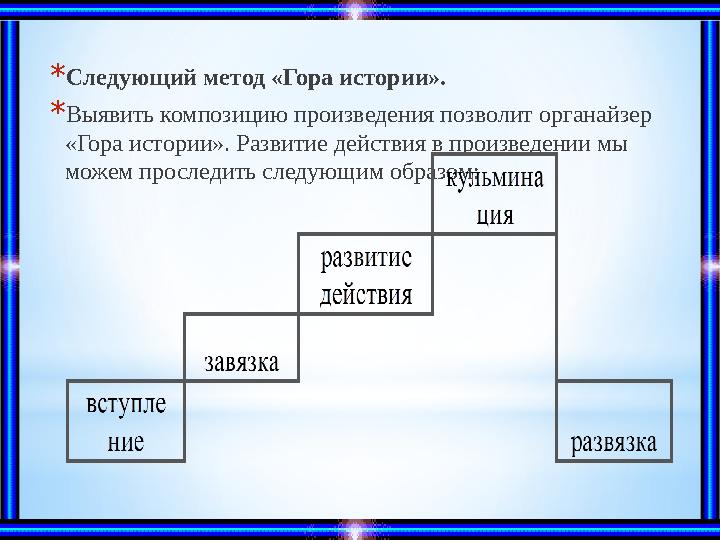 * Следующий метод «Гора истории». * Выявить композицию произведения позволит органайзер «Гора истории». Развитие действия в про