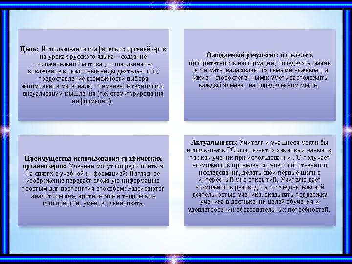 Цель: Использования графических органайзеров на уроках русского языка – создание положительной мотивации школьников; вовлеч