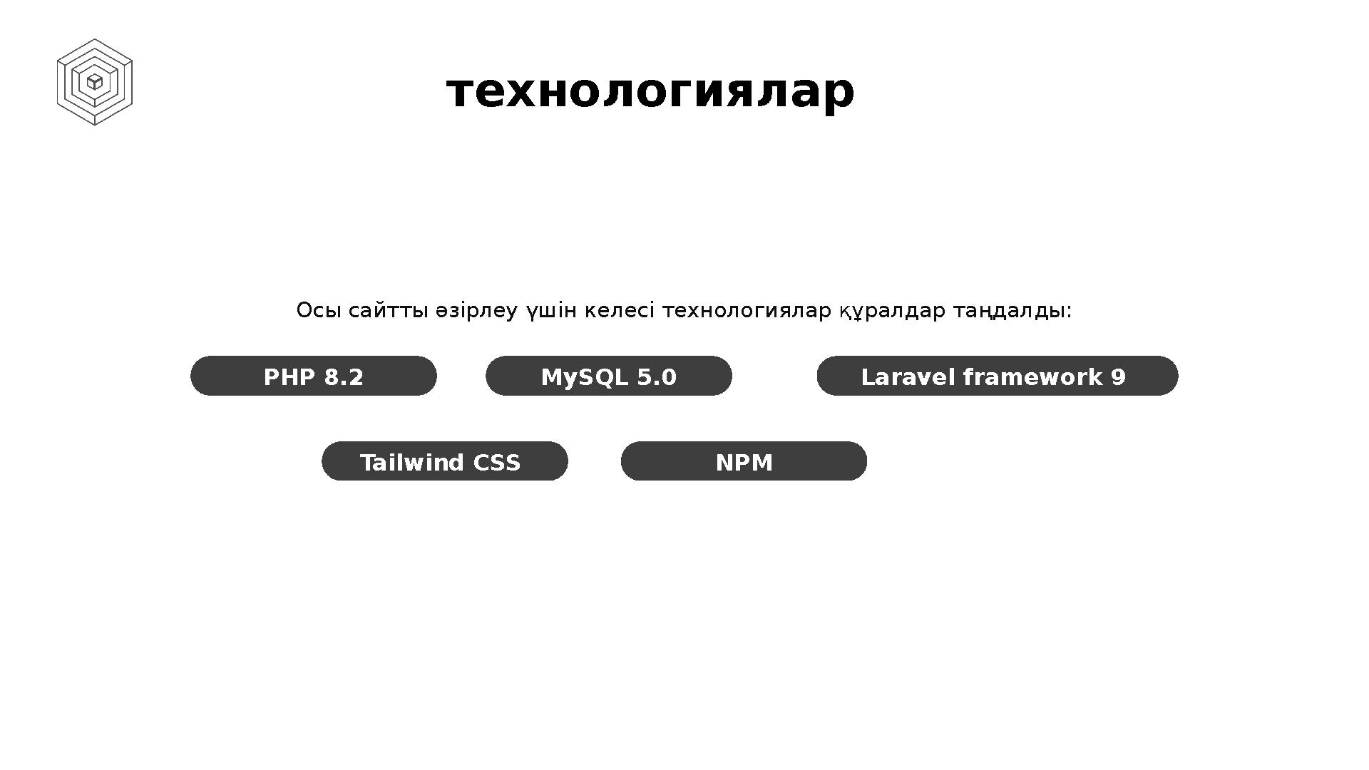 технологиялар Осы сайтты әзірлеу үшін келесі технологиялар құралдар таңдалды: PHP 8.2 MySQL 5.0 Laravel framework 9 Tailwind C