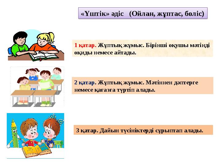 «Үштік» әдіс (Ойлан, жұптас, бөліс) 1 қатар. Жұптық жұмыс. Бірінші оқушы мәтінді оқиды немесе айтады. 2 қатар . Жұптық жұ