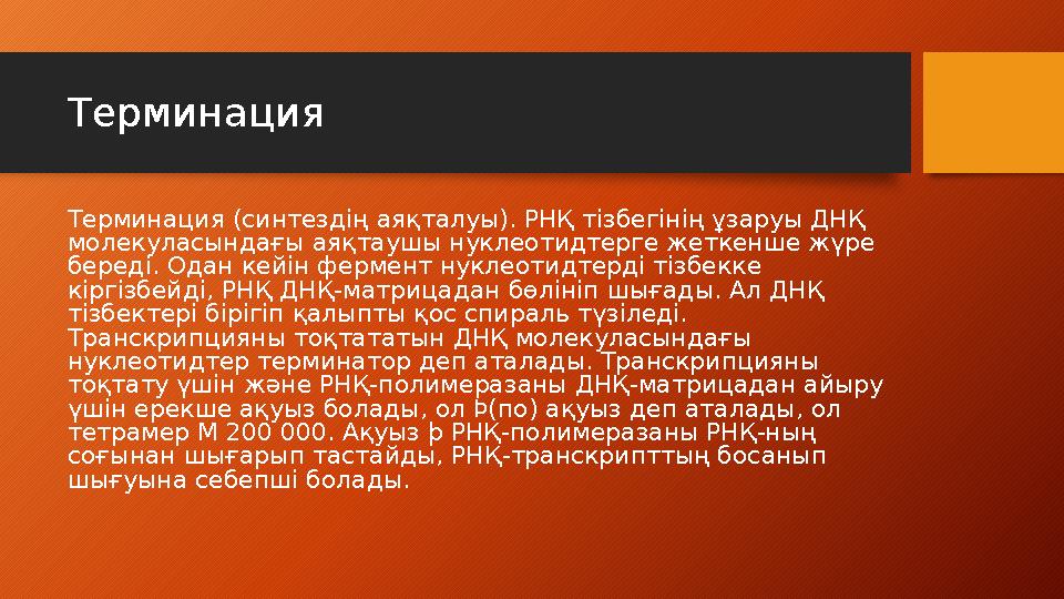 Терминация Терминация (синтездің аяқталуы). РНҚ тізбегінің ұзаруы ДНҚ молекуласындағы аяқтаушы нуклеотидтерге жеткенше жүре бе