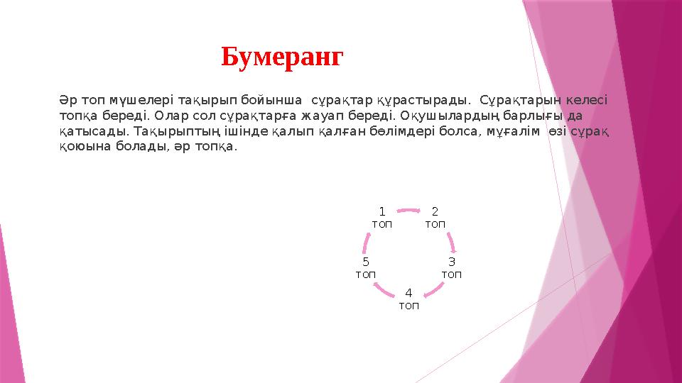 Бумеранг Әр топ мүшелері тақырып бойынша сұрақтар құрастырады. Сұрақтарын келесі топқа береді. Олар сол сұрақтарға жауап бе