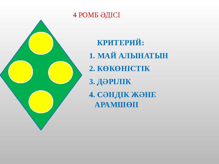 4 РОМБ ӘДІСІ КРИТЕРИЙ: 1. МАЙ АЛЫНАТЫН 2. КӨКӨНІСТІК 3. ДӘРІЛІК 4. СӘНДІК ЖӘНЕ АРАМШӨП