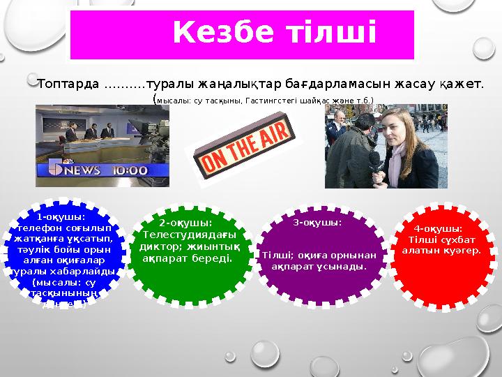 1 -оқушы : телефон соғылып жатқанға ұқсатып, тәулік бойы орын алған оқиғалар туралы хабарлайды. ( мысалы: су тасқынының