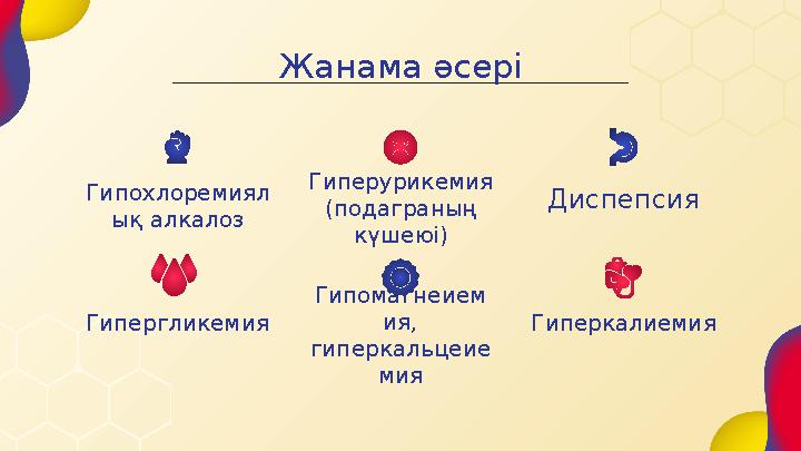 Гипохлоремиял ық алкалоз Гиперурикемия (подаграның күшеюі) Гипергликемия Гипомагнеием ия, гиперкальцеие мияЖанама әсері Диспеп