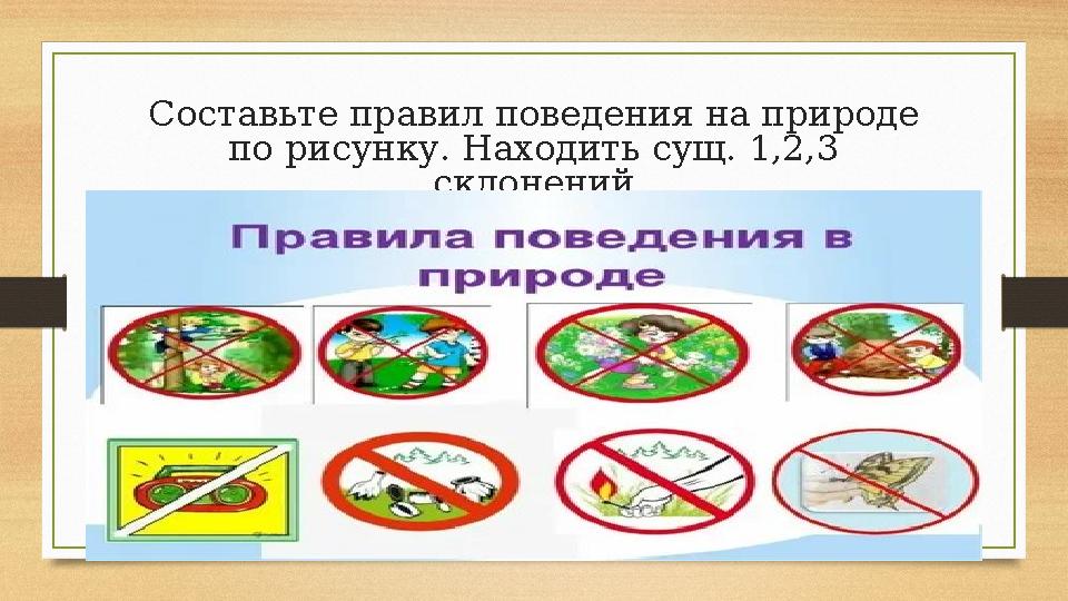 Составьте правил поведения на природе по рисунку. Находить сущ. 1,2,3 склонений