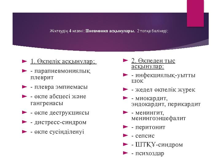 Жіктеудің 4 кезені: Пневмония асқынулары. 2 топқа бөлінеді: ► 1. Өкпелік асқынулар; ► - парапневмониялық плеврит ► - плевра
