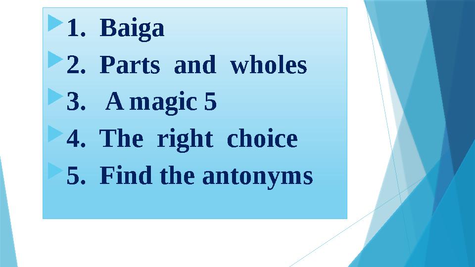  1. Baiga  2. Parts and wholes  3. A magic 5  4. The right choice  5. Find the antonyms