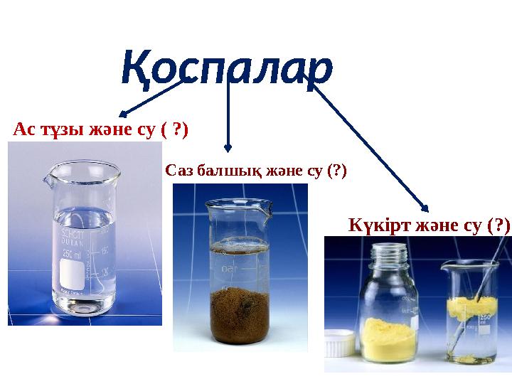 Қоспалар Ас тұзы және су ( ?) Саз балшық және су (?) Күкірт және су (?)