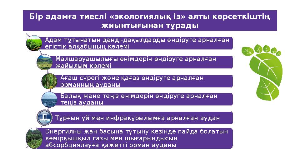 Бір адамға тиеслі «экологиялық із» алты көрсеткіштің жиынтығынан тұрады Адам тұтынатын дәнді-дақылдарды өндіруге арналған егіс