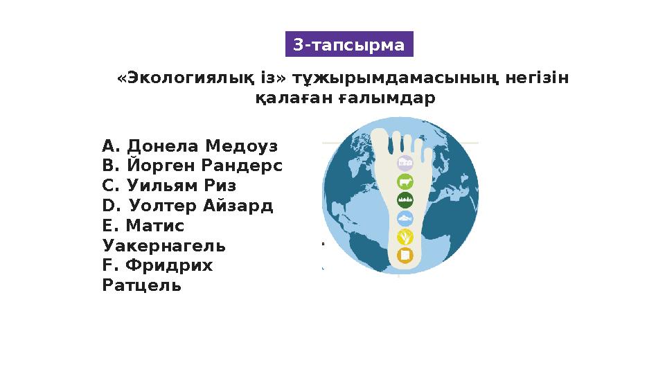 3-тапсырма «Экологиялық із» тұжырымдамасының негізін қалаған ғалымдар А. Донела Медоуз В. Йорген Рандерс С. Уильям Риз D . Уо