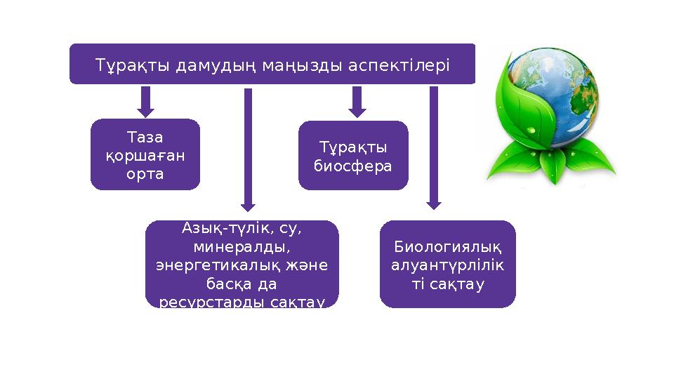 Тұрақты дамудың маңызды аспектілері Таза қоршаған орта Тұрақты биосфера Азық-түлік, су, минералды, энергетикалық және басқ