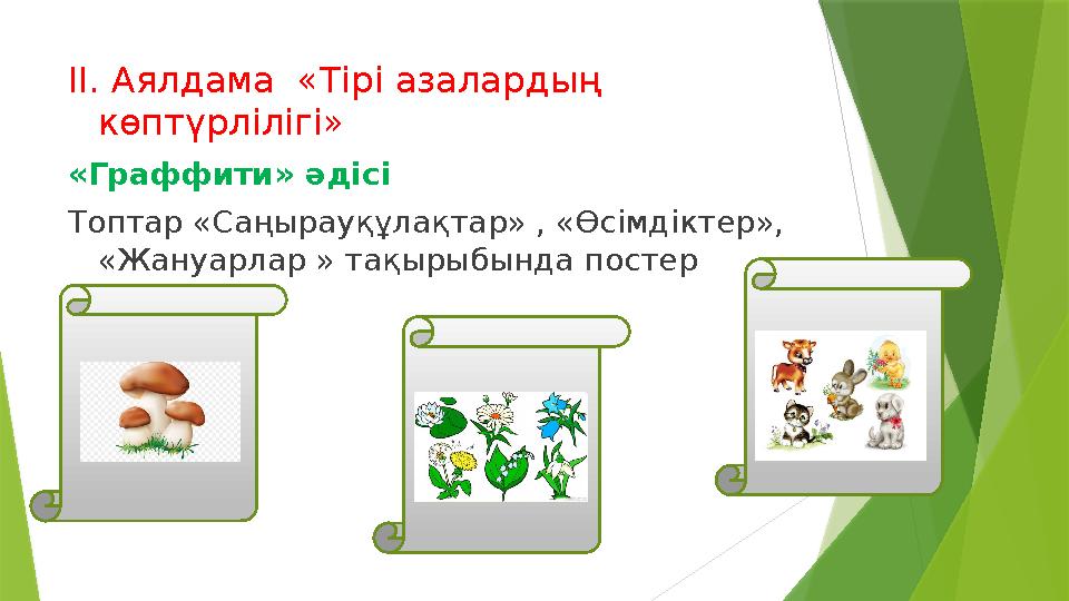 ІІ. Аялдама «Тірі азалардың көптүрлілігі» «Граффити» әдісі Топтар «Саңырауқұлақтар» , «Өсімдіктер», «Жануарлар » тақырыбында