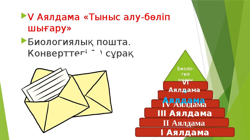  V Аялдама «Тыныс алу-бөліп шығару»  Биологиялық пошта. Конверттегі 10 сұрақ І V Аялдама І Аялдама V Аялдама ІІ Аялдам