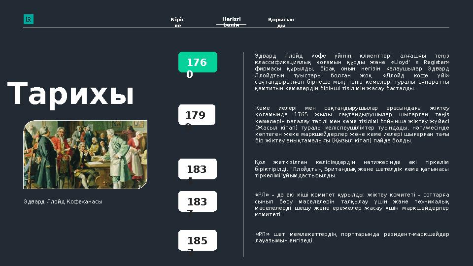 Кіріс пе Негізгі бөлім Қорытын ды Тарихы 176 0 179 9 183 4 183 7 Эдвард Ллойд кофе үйінің клиенттері алғашқы теңіз класс