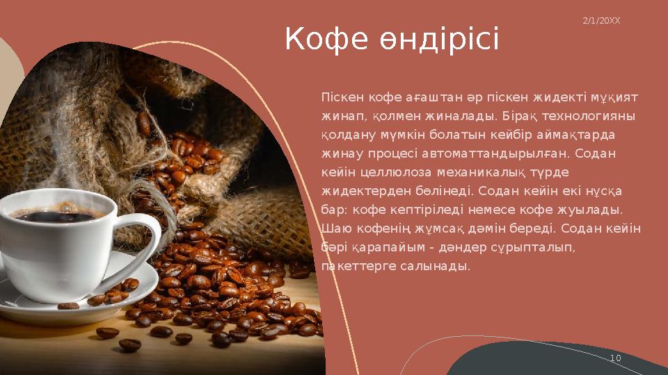 Кофе өндірісі10 2/1/20XX Піскен кофе ағаштан әр піскен жидекті мұқият жинап, қолмен жиналады. Бірақ технологияны қолдану мүмкі