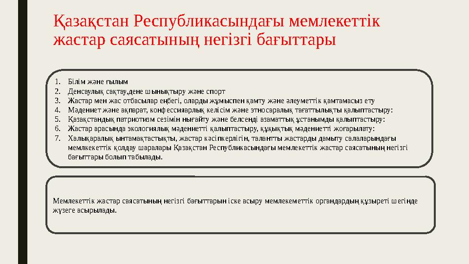 Қазақстан Республикасындағы мемлекеттік жастар саясатының негізгі бағыттары 1. Білім және ғылым 2. Денсаулық сақтау,дене шынықт