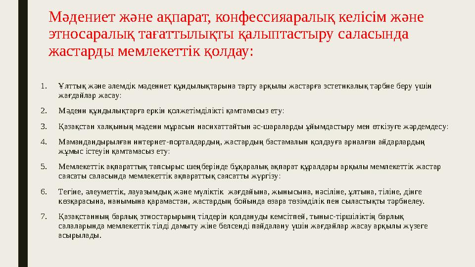 Мәдениет және ақпарат, конфессияаралық келісім және этносаралық тағаттылықты қалыптастыру саласында жастарды мемлекеттік қолда