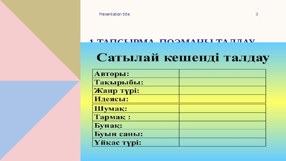 1. ТАПСЫРМА. ПОЭМАНЫ ТАЛДАУ. Presentation title 3 Click to add text