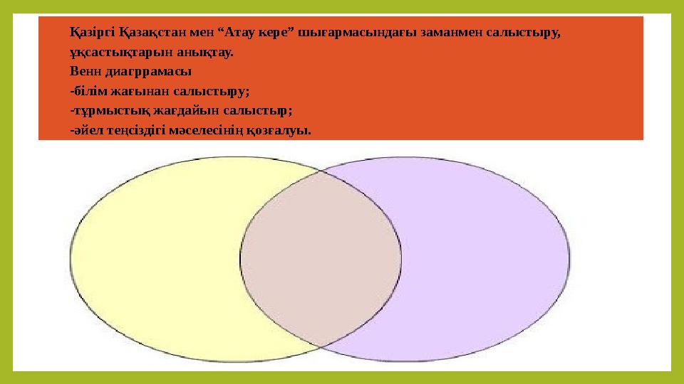 Қазіргі Қазақстан мен “Атау кере” шығармасындағы заманмен салыстыру, ұқсастықтарын анықтау. Венн диагррамасы -білім жағынан сал