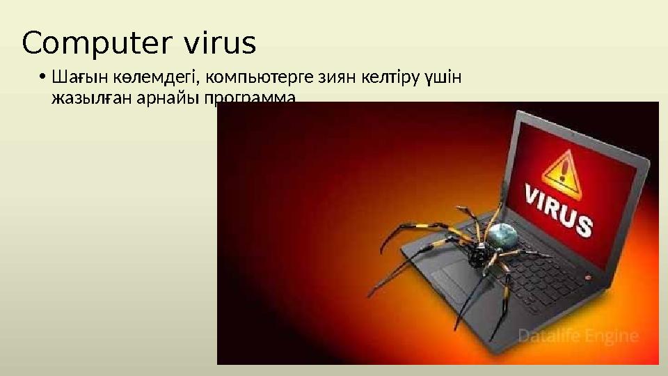 Computer virus • Шағын көлемдегі, компьютерге зиян келтіру үшін жазылған арнайы программа.