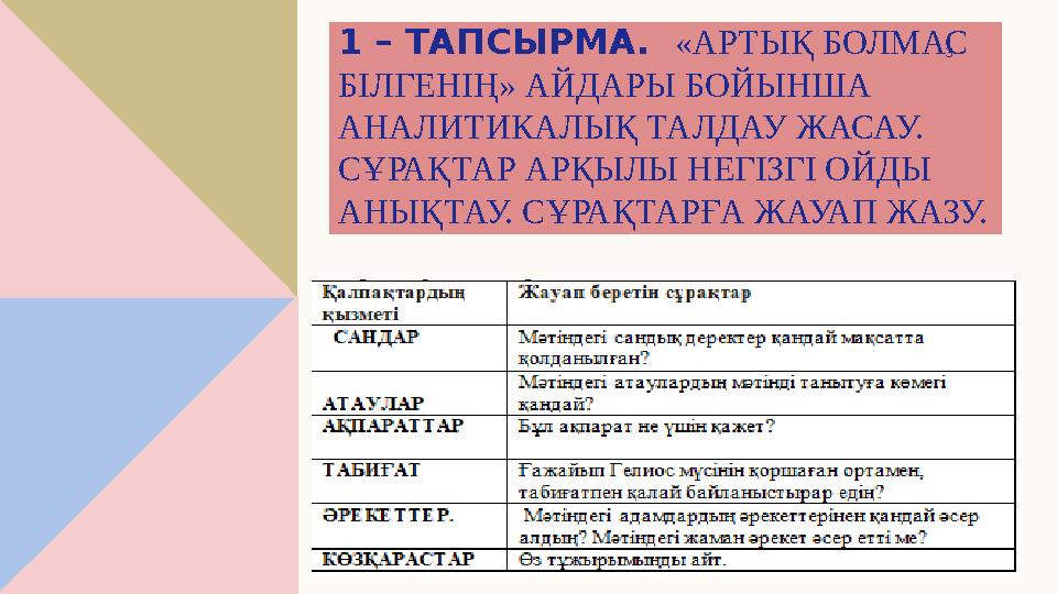 1 – ТАПСЫРМА. «АРТЫҚ БОЛМАС БІЛГЕНІҢ» АЙДАРЫ БОЙЫНША АНАЛИТИКАЛЫҚ ТАЛДАУ ЖАСАУ. СҰРАҚТАР АРҚЫЛЫ НЕГІЗГІ ОЙДЫ АНЫҚТАУ. СҰРА