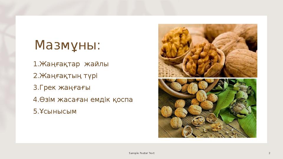 Мазмұны: 1.Жаңғақтар жайлы 2.Жаңғақтың түрі 3.Грек жаңғағы 4.Өзім жасаған емдік қоспа 5.Ұсынысым Sample Footer Text 2