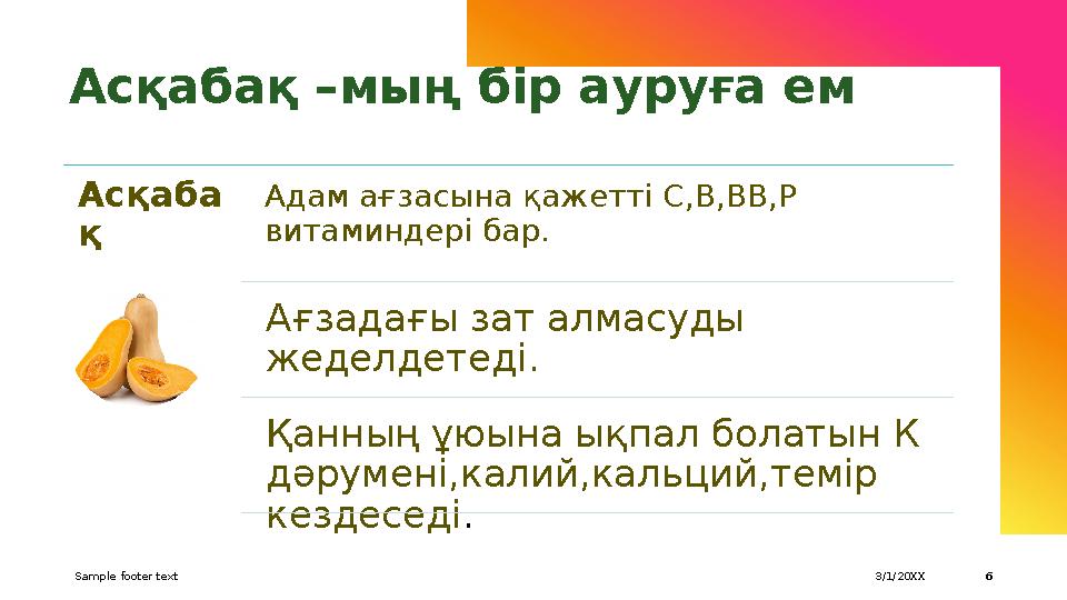 Sample footer text 6Асқабақ –мың бір ауруға ем 3/1/20XXАсқаба қ Адам ағзасына қажетті С,В,ВВ,Р витаминдері бар. Ағзадағы зат а