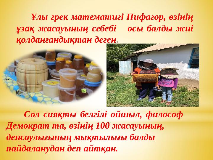 Ұлы грек математигі Пифагор, өзінің ұзақ жасауының себебі осы балды жиі қолданғандықтан деген .