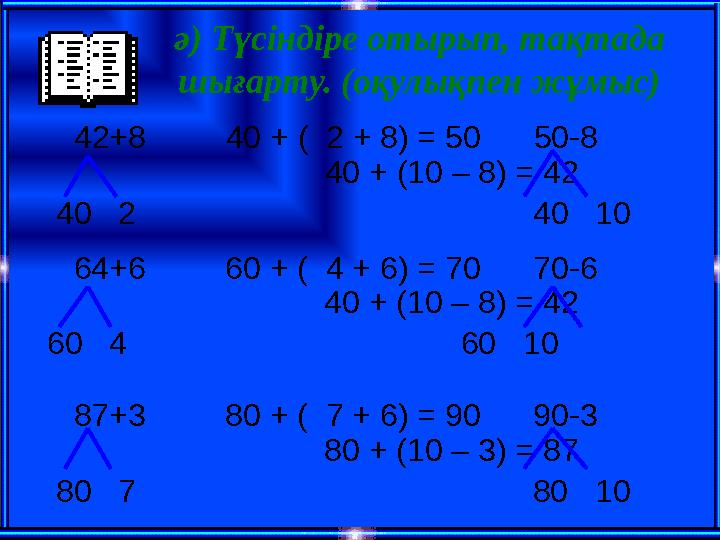 ә) Түсіндіре отырып, тақтада шығарту. (оқулықпен жұмыс) 42+8 40 + ( 2 + 8) = 50 50-8