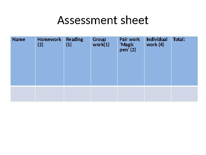 Assessment sheet Name Homework (2) Reading (1) Group work(1) Pair work ‘Magic pen’ (2) Individual work (4) Total: