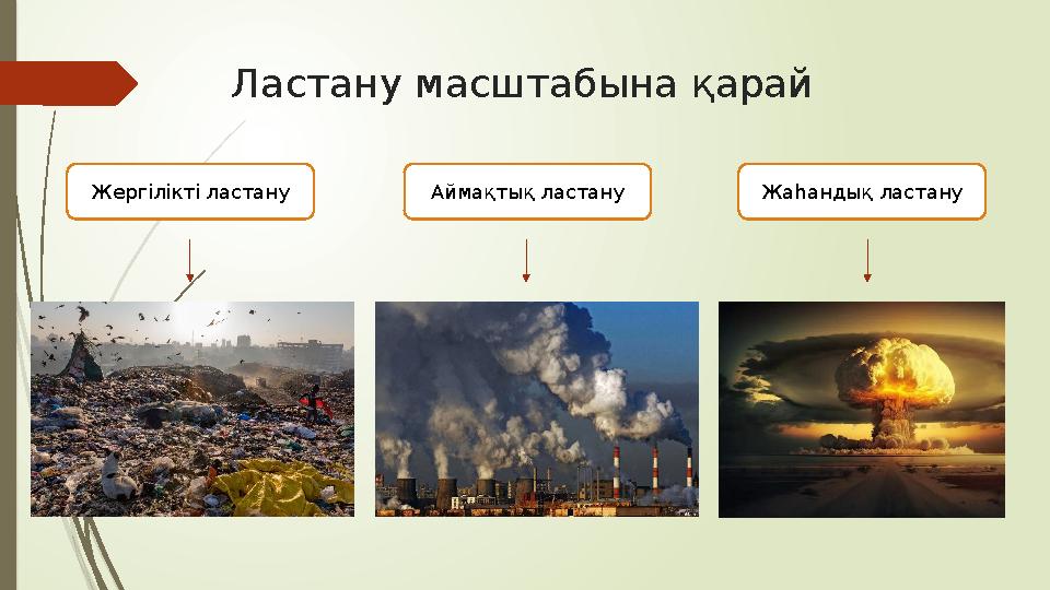 Ластану масштабына қарай Жергілікті ластану Аймақтық ластану Жаһандық ластану
