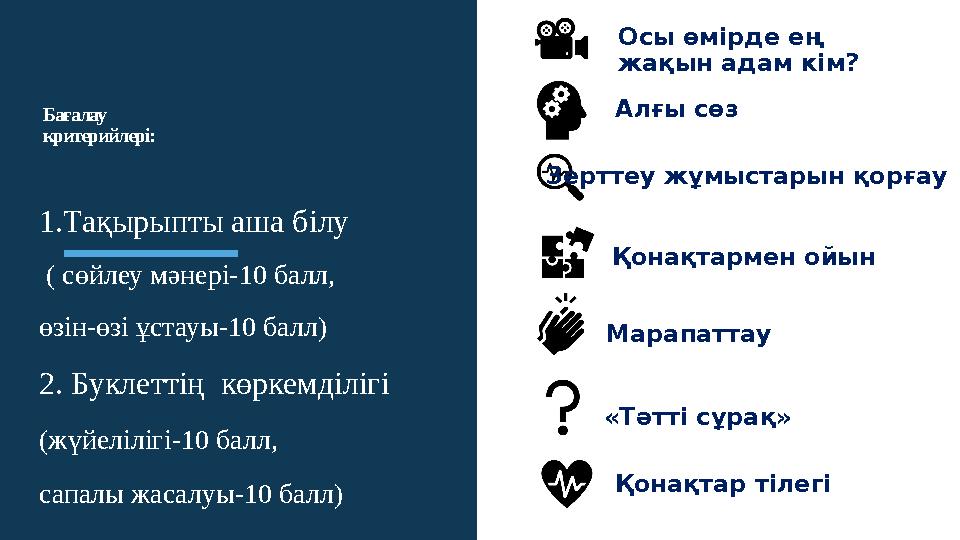 Алғы сөз Қонақтармен ойын Марапаттау1.Тақырыпты аша білу ( сөйлеу мәнері-10 балл, өзін-өзі ұстауы-10 балл) 2. Буклеттің көрке