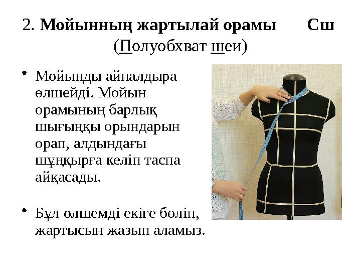 2. Мойынның жартылай орамы Сш ( П олуобхват ш еи) • Мойынды айналдыра өлшейді. Мойын орамының барлық шығыңқы