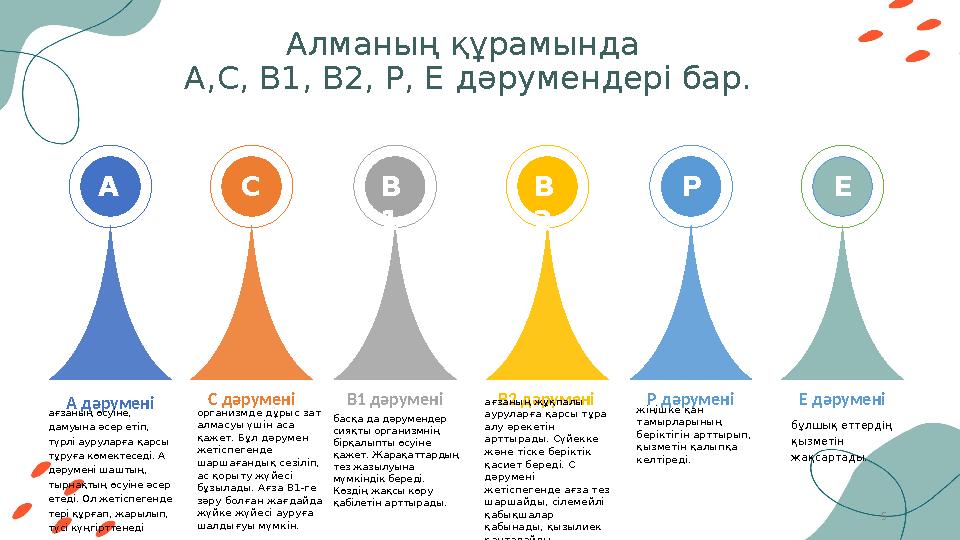 5Алманың құрамында А,С, В1, В2, Р, Е дәрумендері бар. А дәрумені ағзаның өсуіне, дамуына әсер етіп, түрлі ауруларға қарсы тұ