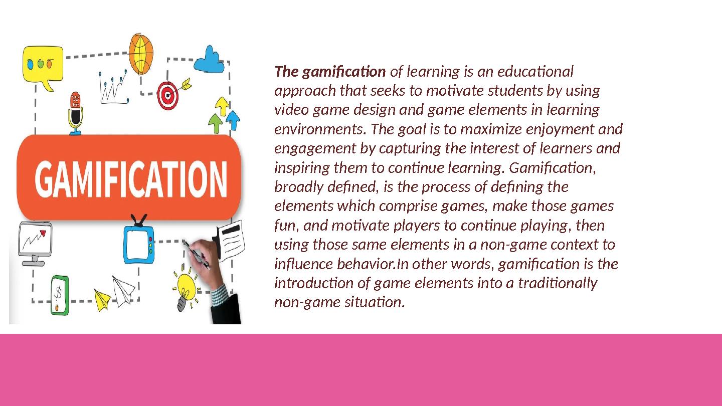 The gamification of learning is an educational approach that seeks to motivate students by using video game design and game e