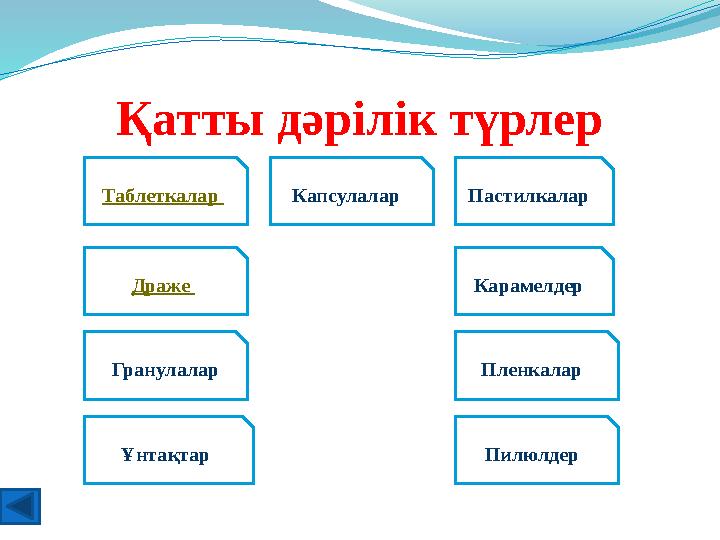 Қатты дәрілік түрлер Таблеткалар Драже Пилюлдер Пастилкалар Карамелдер Пленкалар Капсулалар Гранулалар Ұнтақтар
