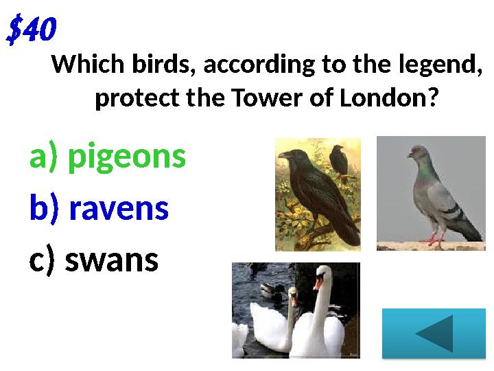 $40 Which birds, according to the legend, protect the Tower of London? a) pigeons b) ravens c) swans