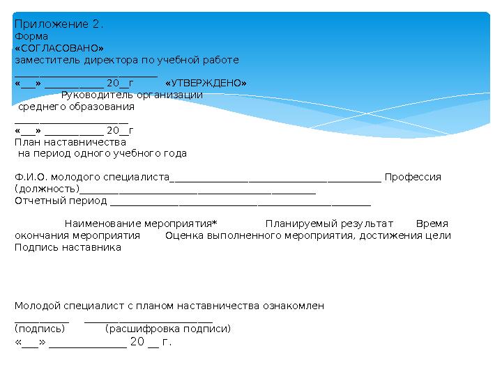 Приложение 2. Форма «СОГЛАСОВАНО» заместитель директора по учебной работе _____________________________ «___» ____________ 20__