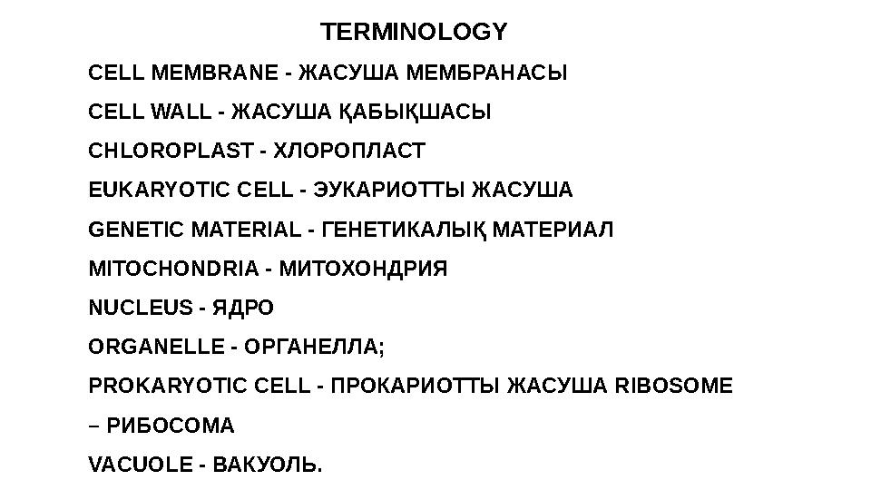 TERMINOLOGY CELL MEMBRANE - ЖАСУША МЕМБРАНАСЫ CELL WALL - ЖАСУША ҚАБЫҚШАСЫ CHLOROPLAST - ХЛОРОПЛАСТ EUKARYOTIC CELL - ЭУ