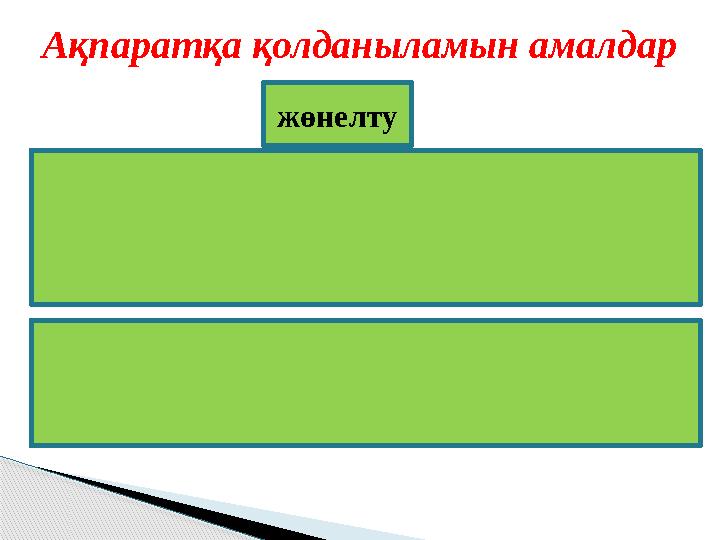 Ақпаратқа қолданыламын амалдар жөнелту Ақпаратты алыс қашықтыққа жеткізу үшін адамдар әртүрлі құралдар қолданылады:теле